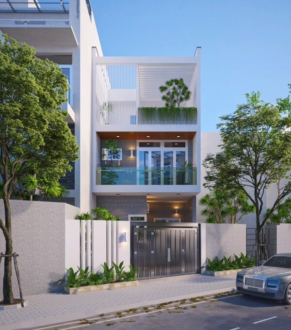 MẪu NhÀ PhỐ SỐ 4 – Nhà Phố 3 Tầng Có Sân Vườn Mái, Mặt Tiền Kính Hiện đại