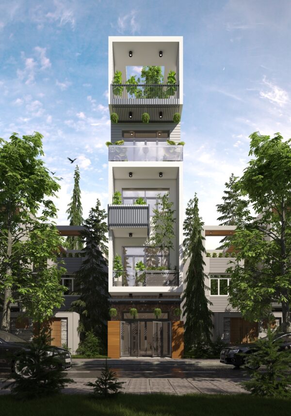 MẪu NhÀ PhỐ SỐ 5 – Nhà Phố Nhiều Tầng Với Vườn Treo Và Khung Xanh ấn Tượng